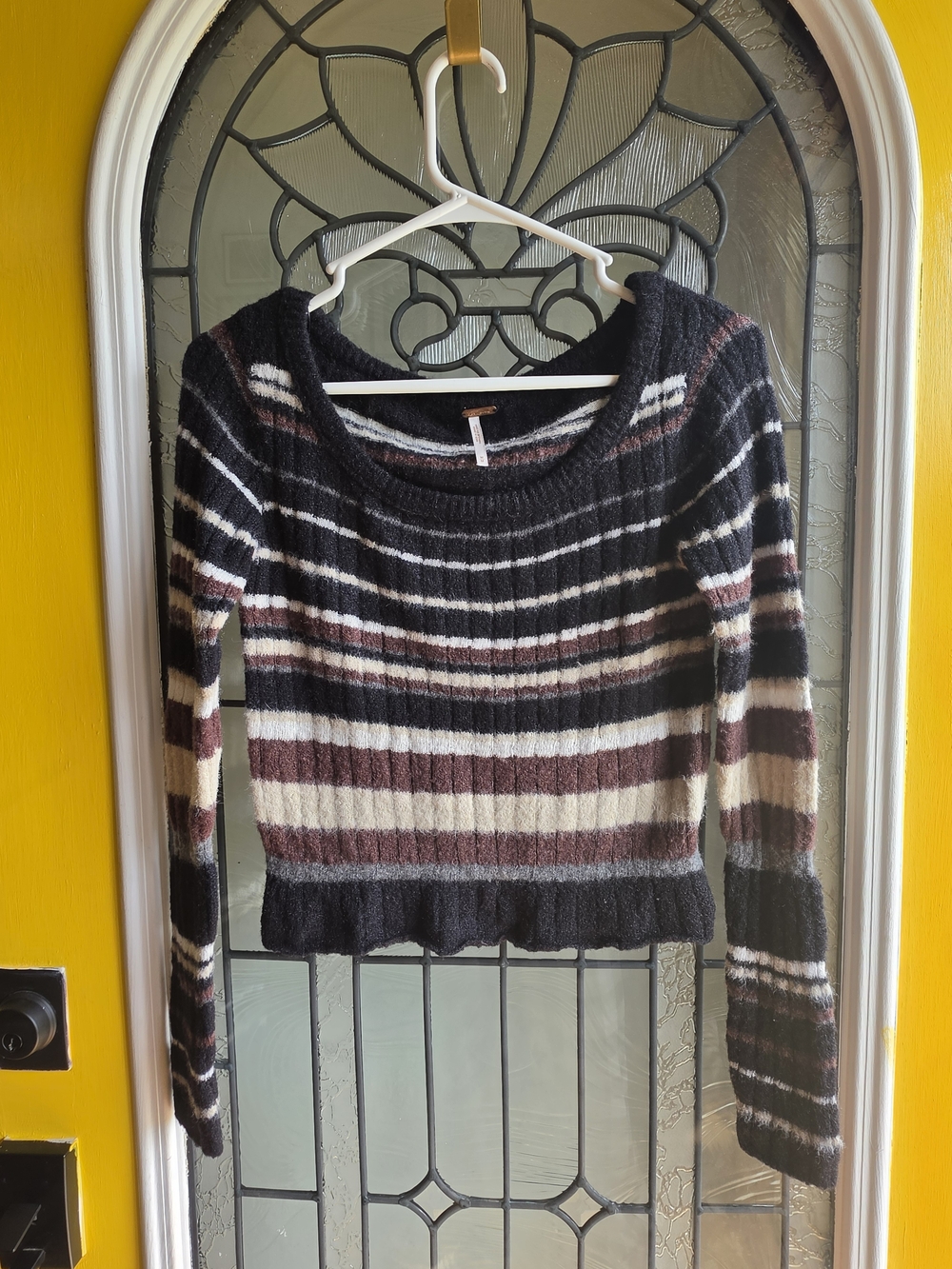 Free People Striped Scoop-Neck Sweater in Black, Cream & Brown